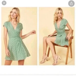 Reformation Green Ports Linen Blend Mini Wrap Floral Dress
